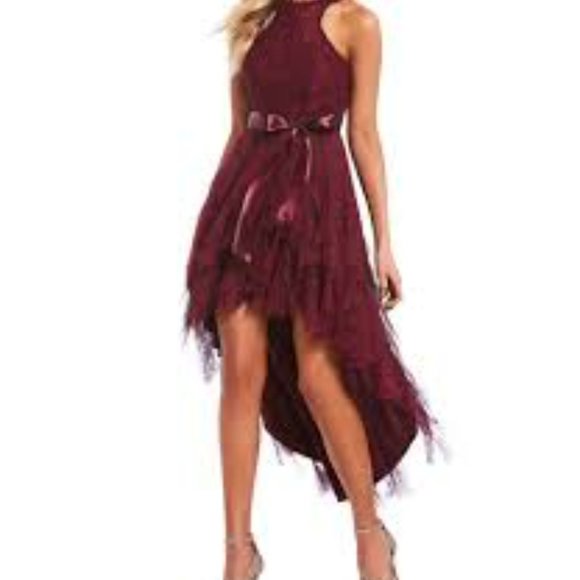Teeze Me Burgundy Glitter Lace Ruffle High Low Dress Size 1 - Picture 2 of 5